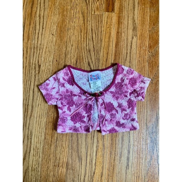 VTG y2k 90s Kid Small Steps Crochet Knit Cardigan Sweater 18Mo Rose Floral Lace - Picture 2 of 7